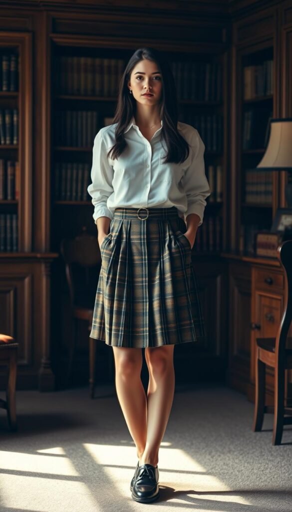A feminine academic style outfit with a pleated mini skirt. A crisp white button-up blouse with a collared neckline, neatly tucked into a high-waisted, pleated plaid mini skirt in a moody, earthy palette. The skirt hem grazes the mid-thigh, hinting at a touch of youthful rebellion. Sleek black leather oxfords with a low heel provide a sturdy, sophisticated silhouette. Warm, directional studio lighting casts dramatic shadows, creating an air of pensive contemplation. The model stands in a cozy, wood-paneled study, books and vintage decor elements in the background, evoking a sense of scholarly tradition and intellectual curiosity. A feminine academic style outfit with a pleated mini skirt. A crisp white button-up blouse with a collared neckline, neatly tucked into a high-waisted, pleated plaid mini skirt in a moody, earthy palette. The skirt hem grazes the mid-thigh, hinting at a touch of youthful rebellion. Sleek black leather oxfords with a low heel provide a sturdy, sophisticated silhouette. Warm, directional studio lighting casts dramatic shadows, creating an air of pensive contemplation. The model stands in a cozy, wood-paneled study, books and vintage decor elements in the background, evoking a sense of scholarly tradition and intellectual curiosity.