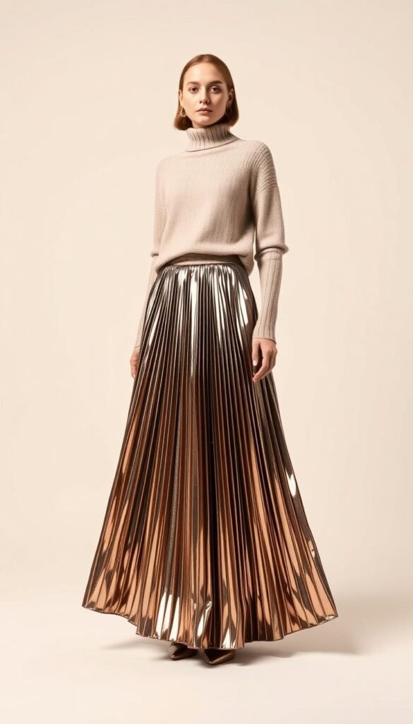 A full-length metallic pleated skirt shimmers and sways, styled with a luxurious cashmere sweater in a soft, neutral tone. The skirt's sharp pleats create a dramatic, sculptural silhouette, while the sweater's cozy texture provides a harmonious contrast. Overhead studio lighting casts a warm, glamorous glow, accentuating the metallic sheen of the skirt and highlighting the sweater's plush, wooly fibers. The model stands in a minimalist, monochromatic setting, allowing the elegant outfit combination to be the sole focus. The overall mood is one of effortless sophistication and refined holiday style. A full-length metallic pleated skirt shimmers and sways, styled with a luxurious cashmere sweater in a soft, neutral tone. The skirt's sharp pleats create a dramatic, sculptural silhouette, while the sweater's cozy texture provides a harmonious contrast. Overhead studio lighting casts a warm, glamorous glow, accentuating the metallic sheen of the skirt and highlighting the sweater's plush, wooly fibers. The model stands in a minimalist, monochromatic setting, allowing the elegant outfit combination to be the sole focus. The overall mood is one of effortless sophistication and refined holiday style.