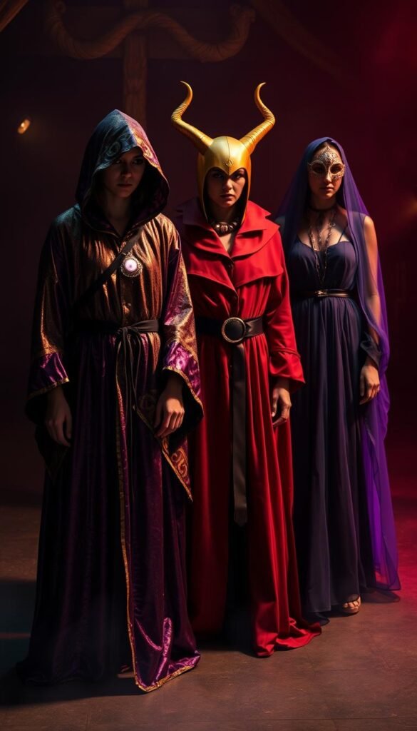 A group of individuals adorned in mystical Halloween outfits, standing amidst a dimly lit, atmospheric setting. In the foreground, a figure wears a billowing, hooded robe in shimmering purple and gold, accessorized with a glowing amulet that emanates a soft, ethereal light. In the middle ground, another figure dons a long, dramatic cloak in deep crimson, cinched at the waist with a bejeweled belt. Their head is adorned with a golden, horned headdress that casts an intriguing shadow. In the background, a third figure is draped in a sheer, flowing gown in shades of midnight blue, their face obscured by a delicate, bejeweled mask. Soft, warm lighting from unseen sources creates an atmosphere of mystique and enchantment, while hints of fog or mist add to the sense of the otherworldly. A group of individuals adorned in mystical Halloween outfits, standing amidst a dimly lit, atmospheric setting. In the foreground, a figure wears a billowing, hooded robe in shimmering purple and gold, accessorized with a glowing amulet that emanates a soft, ethereal light. In the middle ground, another figure dons a long, dramatic cloak in deep crimson, cinched at the waist with a bejeweled belt. Their head is adorned with a golden, horned headdress that casts an intriguing shadow. In the background, a third figure is draped in a sheer, flowing gown in shades of midnight blue, their face obscured by a delicate, bejeweled mask. Soft, warm lighting from unseen sources creates an atmosphere of mystique and enchantment, while hints of fog or mist add to the sense of the otherworldly.