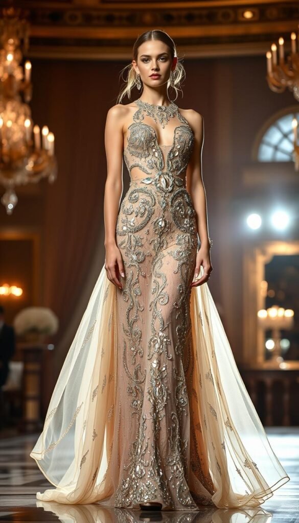 A luxurious and elaborately embellished maxi dress, shimmering with intricate beading, sequins, and metallic accents, standing center stage in a formal affair setting. The dress flows gracefully, accentuating the model's figure against a softly blurred background of opulent chandeliers, rich draperies, and elegant architectural details. Dramatic lighting casts a warm, flattering glow, highlighting the dress's eye-catching design and the model's confident poise. The overall atmosphere exudes a sense of glamour, sophistication, and the excitement of a special occasion. A luxurious and elaborately embellished maxi dress, shimmering with intricate beading, sequins, and metallic accents, standing center stage in a formal affair setting. The dress flows gracefully, accentuating the model's figure against a softly blurred background of opulent chandeliers, rich draperies, and elegant architectural details. Dramatic lighting casts a warm, flattering glow, highlighting the dress's eye-catching design and the model's confident poise. The overall atmosphere exudes a sense of glamour, sophistication, and the excitement of a special occasion.