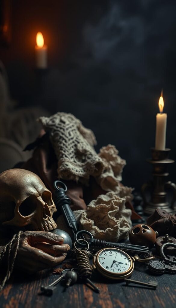 A meticulously detailed still life arrangement of an assortment of DIY Halloween accessories, set against a moody, atmospheric backdrop. In the foreground, an array of spooky trinkets and oddities, including a tarnished skull, a withered hand, an antique pocket watch, and a collection of sinister-looking keys. In the middle ground, a selection of textural fabrics, tattered lace, and distressed leathers, hinting at potential costume elements. The background features a shadowy, dimly lit setting, with hints of flickering candlelight and a subtle vignette effect, evoking a sense of eerie mystique. Lighting is dramatic, with strong contrasts and dramatic shadows, creating a gothic, haunting atmosphere. A meticulously detailed still life arrangement of an assortment of DIY Halloween accessories, set against a moody, atmospheric backdrop. In the foreground, an array of spooky trinkets and oddities, including a tarnished skull, a withered hand, an antique pocket watch, and a collection of sinister-looking keys. In the middle ground, a selection of textural fabrics, tattered lace, and distressed leathers, hinting at potential costume elements. The background features a shadowy, dimly lit setting, with hints of flickering candlelight and a subtle vignette effect, evoking a sense of eerie mystique. Lighting is dramatic, with strong contrasts and dramatic shadows, creating a gothic, haunting atmosphere.