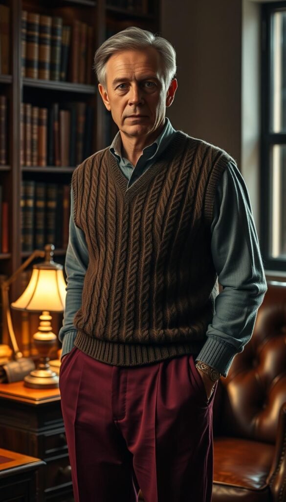 A middle-aged academic stands in a dimly lit study, wearing a vintage-inspired sweater vest in earthy tones. The vest is paired with high-waisted trousers in a rich burgundy hue, creating a timeless, scholarly look. Soft, warm lighting from a nearby desk lamp casts a cozy glow, accentuating the textured knit of the sweater vest. In the background, bookshelves filled with leather-bound volumes and a worn leather armchair suggest an atmosphere of intellectual contemplation. The figure's expression is pensive, hinting at a deep connection to the academic tradition embodied by the outfit. A middle-aged academic stands in a dimly lit study, wearing a vintage-inspired sweater vest in earthy tones. The vest is paired with high-waisted trousers in a rich burgundy hue, creating a timeless, scholarly look. Soft, warm lighting from a nearby desk lamp casts a cozy glow, accentuating the textured knit of the sweater vest. In the background, bookshelves filled with leather-bound volumes and a worn leather armchair suggest an atmosphere of intellectual contemplation. The figure's expression is pensive, hinting at a deep connection to the academic tradition embodied by the outfit.