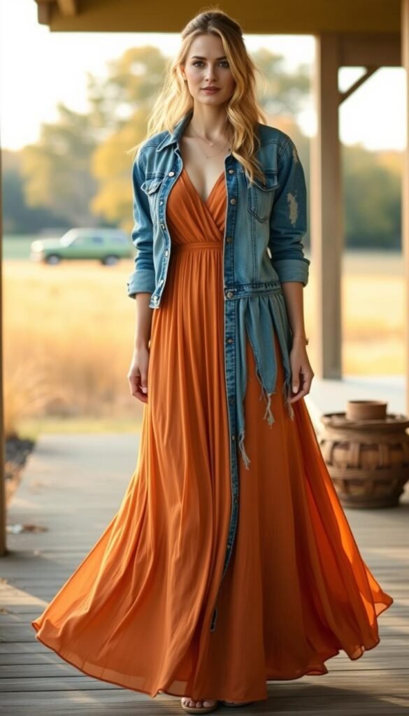 A model wearing a long, flowing maxi dress in a warm, autumnal color palette. The dress has a V-neckline and fluttering, billowing skirt. Over the dress, a distressed denim jacket with rolled up sleeves is casually draped, creating a chic, layered look. The model stands in a cozy, natural setting, perhaps a rustic farmhouse porch or a sun-dappled field, with soft, diffused lighting illuminating the scene. The overall mood is effortlessly stylish, comfortable, and perfect for a Thanksgiving celebration. A model wearing a long, flowing maxi dress in a warm, autumnal color palette. The dress has a V-neckline and fluttering, billowing skirt. Over the dress, a distressed denim jacket with rolled up sleeves is casually draped, creating a chic, layered look. The model stands in a cozy, natural setting, perhaps a rustic farmhouse porch or a sun-dappled field, with soft, diffused lighting illuminating the scene. The overall mood is effortlessly stylish, comfortable, and perfect for a Thanksgiving celebration.
