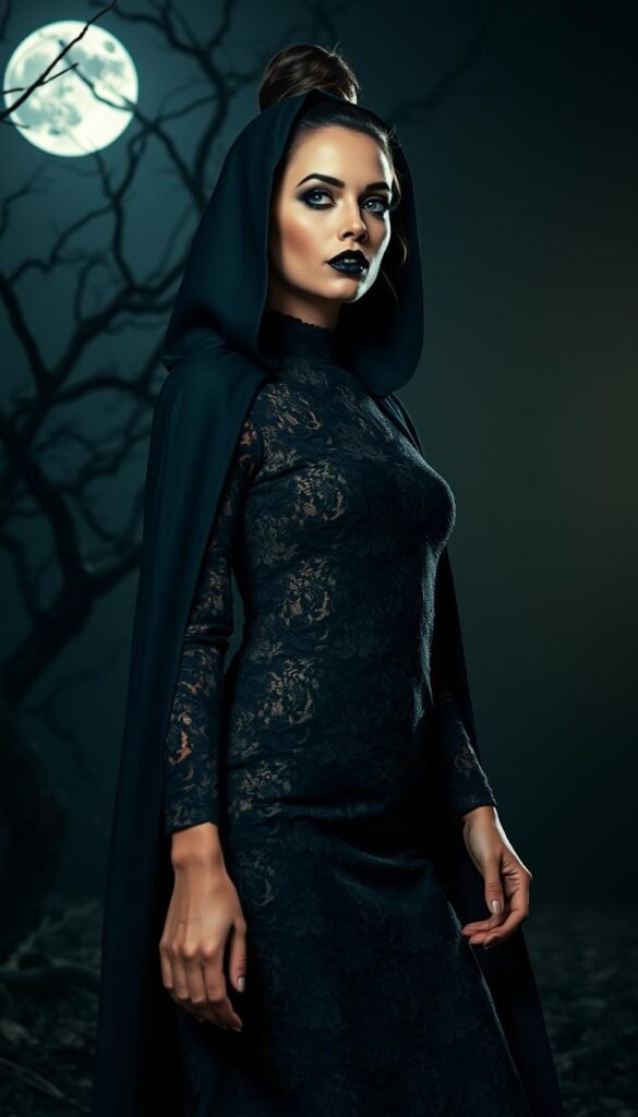 A modern witch wearing a stylish black lace dress, with a high collar and long sleeves. She has dark makeup, including black lipstick, and her hair is styled in a sleek, high bun. Over her dress, she wears a long, hooded black cloak that billows behind her as she moves. In the background, there is a dimly lit, spooky forest, with twisted, gnarled trees and a full moon casting an eerie glow. The lighting is dramatic, with shadows and highlights creating a moody, atmospheric scene. The camera angle is slightly low, giving the witch a powerful, commanding presence. A modern witch wearing a stylish black lace dress, with a high collar and long sleeves. She has dark makeup, including black lipstick, and her hair is styled in a sleek, high bun. Over her dress, she wears a long, hooded black cloak that billows behind her as she moves. In the background, there is a dimly lit, spooky forest, with twisted, gnarled trees and a full moon casting an eerie glow. The lighting is dramatic, with shadows and highlights creating a moody, atmospheric scene. The camera angle is slightly low, giving the witch a powerful, commanding presence.