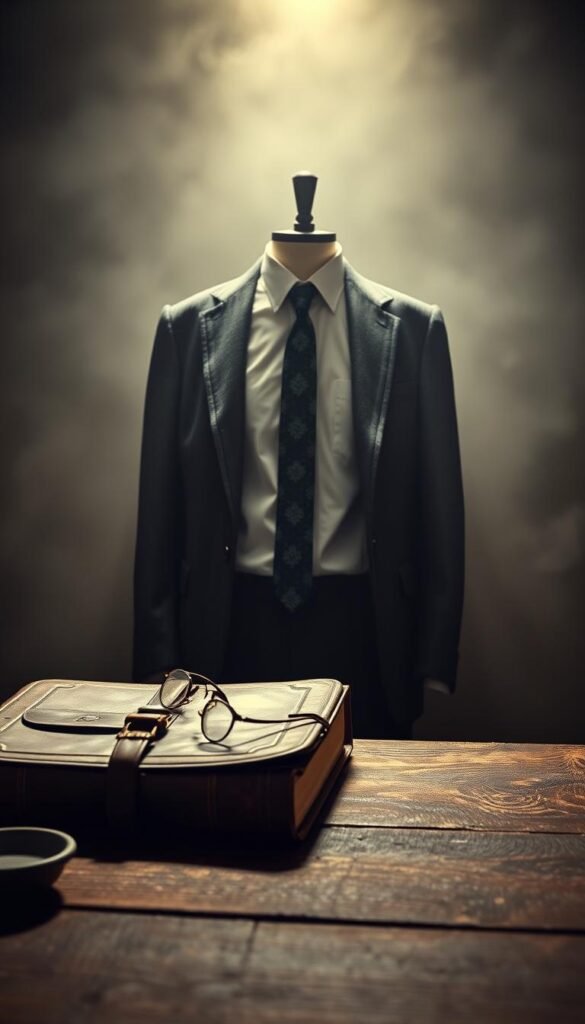 A moody, dimly lit scene showcasing the essential elements of a vintage dark academia style outfit. In the foreground, a worn leather satchel, a hardcover book with an ornate cover, and a pair of vintage-inspired eyeglasses rest on a weathered wooden table. The middle ground features a crisp, white button-down shirt and a patterned, deep green necktie, accompanied by a charcoal gray wool blazer and tailored trousers. The background is shrouded in a hazy, sepia-toned lighting, evoking a sense of timelessness and intellectual contemplation. The overall atmosphere is one of sophisticated elegance and a reverence for the pursuit of knowledge. A moody, dimly lit scene showcasing the essential elements of a vintage dark academia style outfit. In the foreground, a worn leather satchel, a hardcover book with an ornate cover, and a pair of vintage-inspired eyeglasses rest on a weathered wooden table. The middle ground features a crisp, white button-down shirt and a patterned, deep green necktie, accompanied by a charcoal gray wool blazer and tailored trousers. The background is shrouded in a hazy, sepia-toned lighting, evoking a sense of timelessness and intellectual contemplation. The overall atmosphere is one of sophisticated elegance and a reverence for the pursuit of knowledge.