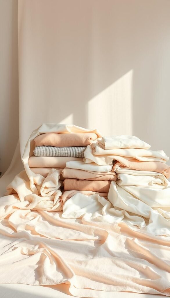 A neatly organized collection of lightweight, breathable fabrics in a well-lit studio setting. The foreground features a variety of silky, airy textiles in neutral tones, arranged in a harmonious display. The middle ground showcases complementary patterns and textures, while the background subtly fades into a clean, minimalist backdrop, allowing the fabrics to take center stage. Soft, natural lighting illuminates the scene, highlighting the delicate drape and flowing movement of the materials. The overall atmosphere conveys a sense of refined simplicity, inviting the viewer to envision the layering potential of these carefully selected fabrics. A neatly organized collection of lightweight, breathable fabrics in a well-lit studio setting. The foreground features a variety of silky, airy textiles in neutral tones, arranged in a harmonious display. The middle ground showcases complementary patterns and textures, while the background subtly fades into a clean, minimalist backdrop, allowing the fabrics to take center stage. Soft, natural lighting illuminates the scene, highlighting the delicate drape and flowing movement of the materials. The overall atmosphere conveys a sense of refined simplicity, inviting the viewer to envision the layering potential of these carefully selected fabrics.