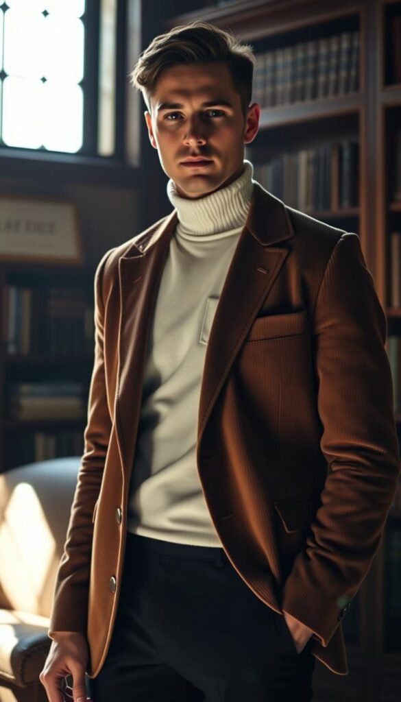 A refined academic standing in a dimly lit study, wearing a tailored corduroy blazer in a deep, earthy tone. The blazer's collar is neatly folded, accentuating a crisp white turtleneck sweater underneath. The lighting casts gentle shadows, highlighting the texture of the corduroy and the clean lines of the garment. The subject's posture is poised, conveying an air of intellectual sophistication. The background is softly blurred, drawing the viewer's attention to the carefully curated outfit. The overall atmosphere evokes a sense of scholarly elegance and autumn-inspired Dark Academia style. A refined academic standing in a dimly lit study, wearing a tailored corduroy blazer in a deep, earthy tone. The blazer's collar is neatly folded, accentuating a crisp white turtleneck sweater underneath. The lighting casts gentle shadows, highlighting the texture of the corduroy and the clean lines of the garment. The subject's posture is poised, conveying an air of intellectual sophistication. The background is softly blurred, drawing the viewer's attention to the carefully curated outfit. The overall atmosphere evokes a sense of scholarly elegance and autumn-inspired Dark Academia style.