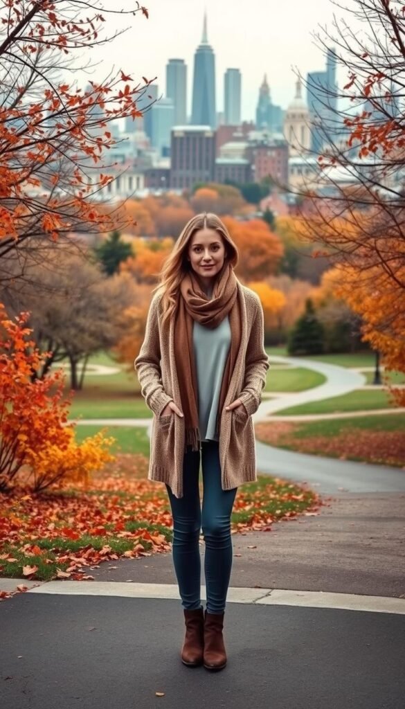 A serene autumn landscape with a central figure demonstrating seasonal layering techniques. The foreground features the subject, a fashionable individual, modeling various garment combinations - a lightweight cardigan over a long-sleeved top, a warm scarf, and ankle boots. The middle ground showcases a picturesque park setting with vibrant fall foliage, gently swaying trees, and a winding path. The background depicts a tranquil cityscape, with a mix of modern and historic architecture bathed in soft, diffused lighting, creating a cozy and inviting atmosphere. The scene conveys a sense of practicality and style, highlighting how to adapt one's wardrobe for different weather conditions while maintaining a cohesive and visually appealing look. A serene autumn landscape with a central figure demonstrating seasonal layering techniques. The foreground features the subject, a fashionable individual, modeling various garment combinations - a lightweight cardigan over a long-sleeved top, a warm scarf, and ankle boots. The middle ground showcases a picturesque park setting with vibrant fall foliage, gently swaying trees, and a winding path. The background depicts a tranquil cityscape, with a mix of modern and historic architecture bathed in soft, diffused lighting, creating a cozy and inviting atmosphere. The scene conveys a sense of practicality and style, highlighting how to adapt one's wardrobe for different weather conditions while maintaining a cohesive and visually appealing look.
