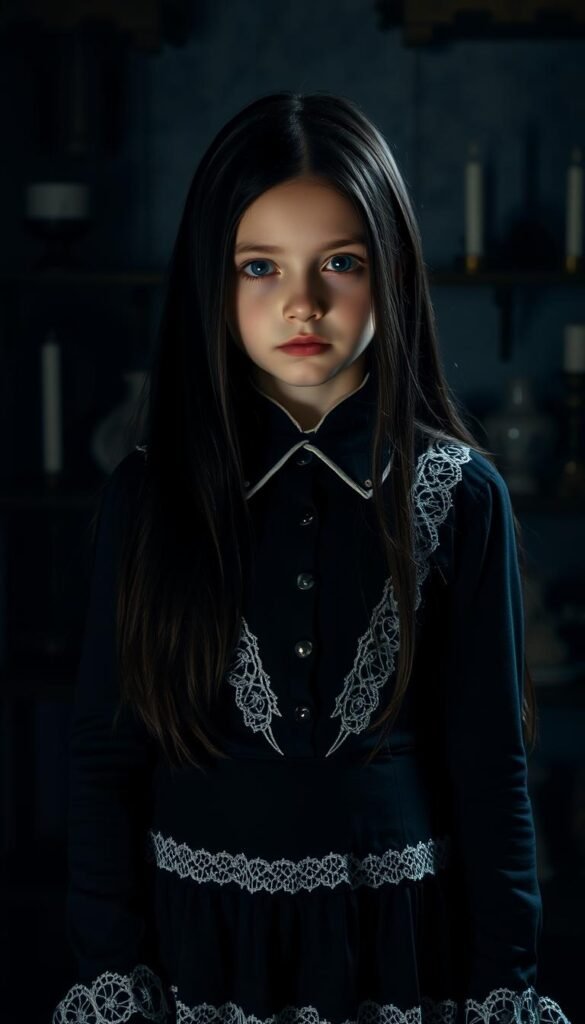 A somberly dressed young girl with long dark hair, pale skin, and a stoic expression, wearing a black dress with a high collared white lace trim. She stands in a dimly lit room, with a moody, atmospheric lighting casting dramatic shadows across her face. The background is a muted, moody palette, with hints of cobwebs, candles, and other Gothic accents, creating a spooky, eerie ambiance. The overall impression is a pop culture interpretation of the iconic Wednesday Addams Halloween costume, capturing the character's distinct style and haunting presence. A somberly dressed young girl with long dark hair, pale skin, and a stoic expression, wearing a black dress with a high collared white lace trim. She stands in a dimly lit room, with a moody, atmospheric lighting casting dramatic shadows across her face. The background is a muted, moody palette, with hints of cobwebs, candles, and other Gothic accents, creating a spooky, eerie ambiance. The overall impression is a pop culture interpretation of the iconic Wednesday Addams Halloween costume, capturing the character's distinct style and haunting presence.