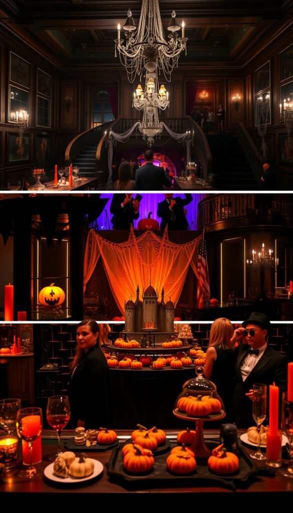 A sophisticated Halloween party scene with different venue styling ideas. In the foreground, a spooky yet stylish bar setup with eerie lighting, black and orange color accents, and gothic-inspired glassware. In the middle ground, a lavish buffet table with pumpkin-themed desserts, a haunted house-inspired backdrop, and guests dressed in creative costumes. In the background, a haunted mansion setting with moody lighting, cobweb-adorned chandeliers, and a grand staircase leading to a balcony overlooking the event. The overall atmosphere is one of elegant, Halloween-themed revelry, with attention to details that would suit various party venues. A sophisticated Halloween party scene with different venue styling ideas. In the foreground, a spooky yet stylish bar setup with eerie lighting, black and orange color accents, and gothic-inspired glassware. In the middle ground, a lavish buffet table with pumpkin-themed desserts, a haunted house-inspired backdrop, and guests dressed in creative costumes. In the background, a haunted mansion setting with moody lighting, cobweb-adorned chandeliers, and a grand staircase leading to a balcony overlooking the event. The overall atmosphere is one of elegant, Halloween-themed revelry, with attention to details that would suit various party venues.