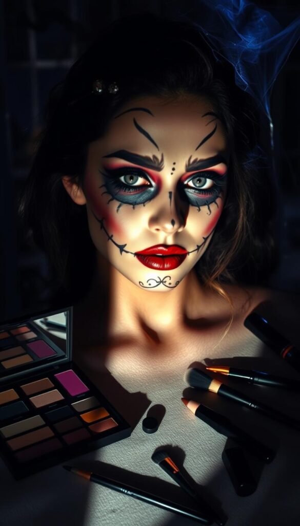 A spooky, yet whimsical scene showcasing a variety of Halloween makeup ideas and techniques. In the foreground, a model with a hauntingly beautiful face, featuring expertly applied contoured, smoky eye makeup, bold lip colors, and intricate face paint designs like spider webs, skulls, or gothic lace patterns. In the middle ground, an assortment of Halloween-themed makeup palettes, brushes, and other cosmetic tools scattered around, casting long shadows. In the background, a dimly lit, shadowy environment with hints of eerie lighting, cobwebs, and other spooky elements to set the Halloween mood. The overall tone should be both captivating and unsettling, evoking the spirit of the season. A spooky, yet whimsical scene showcasing a variety of Halloween makeup ideas and techniques. In the foreground, a model with a hauntingly beautiful face, featuring expertly applied contoured, smoky eye makeup, bold lip colors, and intricate face paint designs like spider webs, skulls, or gothic lace patterns. In the middle ground, an assortment of Halloween-themed makeup palettes, brushes, and other cosmetic tools scattered around, casting long shadows. In the background, a dimly lit, shadowy environment with hints of eerie lighting, cobwebs, and other spooky elements to set the Halloween mood. The overall tone should be both captivating and unsettling, evoking the spirit of the season.