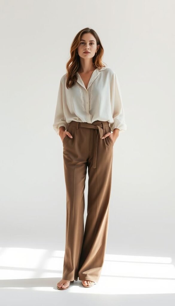 A stylish woman stands confidently in a well-lit studio, wearing a flowing blouse with delicate details and wide-leg trousers that elegantly drape over her figure. The lighting casts soft shadows, accentuating the garment's textures and the model's refined pose. The background is a serene, minimalist setting, allowing the outfit to be the central focus. The overall atmosphere conveys a sense of effortless sophistication, perfect for a Thanksgiving celebration where comfort and style are both priorities. A stylish woman stands confidently in a well-lit studio, wearing a flowing blouse with delicate details and wide-leg trousers that elegantly drape over her figure. The lighting casts soft shadows, accentuating the garment's textures and the model's refined pose. The background is a serene, minimalist setting, allowing the outfit to be the central focus. The overall atmosphere conveys a sense of effortless sophistication, perfect for a Thanksgiving celebration where comfort and style are both priorities.