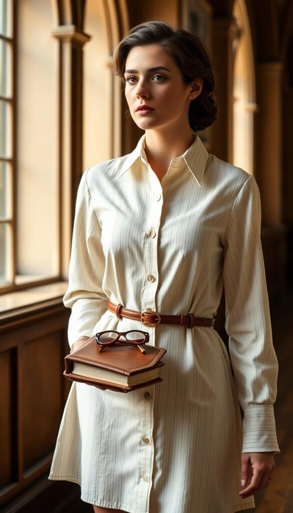 A vintage-inspired academic shirt dress, tailored in a soft ivory cotton with a subtle pinstripe pattern. The fitted bodice flows into a knee-length, slightly flared skirt, cinched at the waist with a thin leather belt. The collar is sharp and structured, complemented by long, buttoned cuffs. Resting on the dress is an array of vintage-style accessories: a pair of tortoiseshell reading glasses, a leather-bound journal, and a set of ornate fountain pens in an array of earth-toned inks. Soft, natural lighting filters through tall, arched windows, casting a warm, intellectual glow over the ensemble. The overall atmosphere evokes a sense of scholarly elegance, perfect for an autumn day strolling the halls of a storied academic institution. A vintage-inspired academic shirt dress, tailored in a soft ivory cotton with a subtle pinstripe pattern. The fitted bodice flows into a knee-length, slightly flared skirt, cinched at the waist with a thin leather belt. The collar is sharp and structured, complemented by long, buttoned cuffs. Resting on the dress is an array of vintage-style accessories: a pair of tortoiseshell reading glasses, a leather-bound journal, and a set of ornate fountain pens in an array of earth-toned inks. Soft, natural lighting filters through tall, arched windows, casting a warm, intellectual glow over the ensemble. The overall atmosphere evokes a sense of scholarly elegance, perfect for an autumn day strolling the halls of a storied academic institution.
