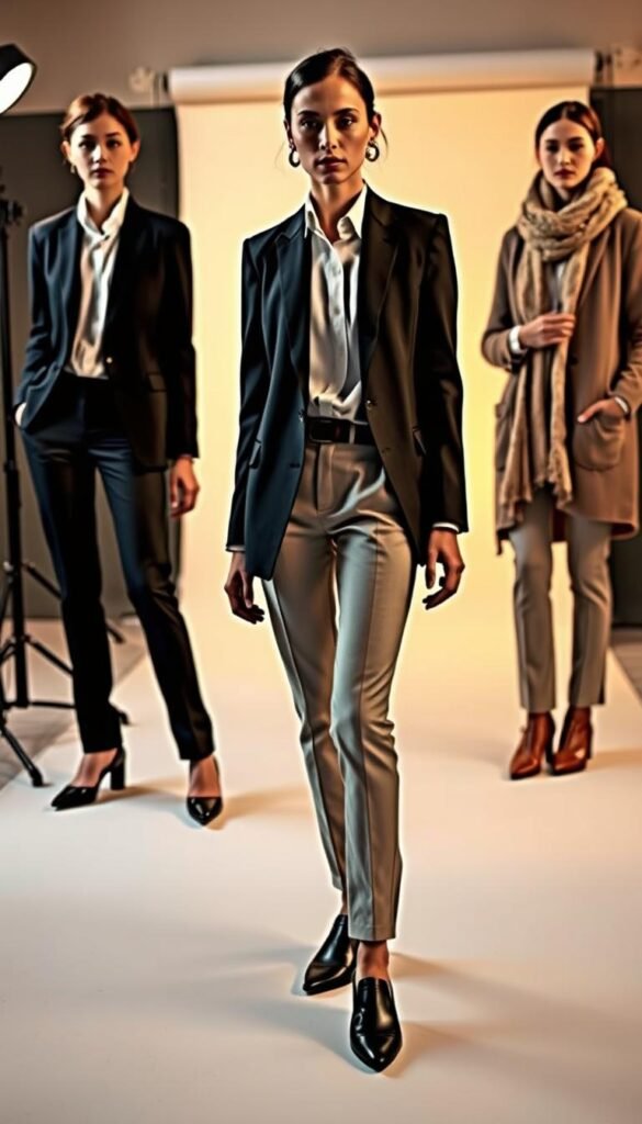 A well-lit fashion studio showcasing a model demonstrating slim layering techniques. The foreground features the model in a tailored blazer, crisp button-down, and slim-fit trousers, displaying how to layer garments without adding bulk. The middle ground shows the model adding a lightweight knit cardigan and scarf, illustrating how to create visual interest through texture and proportion. The background has a clean, minimalist set with neutral tones, allowing the layered outfits to take center stage. Warm, directional lighting accentuates the model's silhouette and the flow of the fabrics, creating a sense of elegance and refinement. The overall mood is one of refined sophistication, highlighting the artistry of fashion layering for a slimming, streamlined appearance. A well-lit fashion studio showcasing a model demonstrating slim layering techniques. The foreground features the model in a tailored blazer, crisp button-down, and slim-fit trousers, displaying how to layer garments without adding bulk. The middle ground shows the model adding a lightweight knit cardigan and scarf, illustrating how to create visual interest through texture and proportion. The background has a clean, minimalist set with neutral tones, allowing the layered outfits to take center stage. Warm, directional lighting accentuates the model's silhouette and the flow of the fabrics, creating a sense of elegance and refinement. The overall mood is one of refined sophistication, highlighting the artistry of fashion layering for a slimming, streamlined appearance.