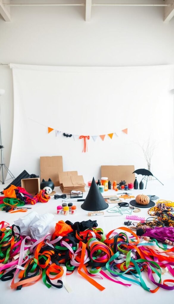 A well-lit, spacious studio setting showcasing an assortment of DIY Halloween costume accessories and budget-friendly materials. In the foreground, an array of colorful fabrics, ribbons, and trimmings are neatly arranged, hinting at the creative possibilities. In the middle ground, various household items like cardboard, string, and paint are displayed, suggesting simple yet effective ways to craft unique costume elements. The background features a clean, neutral backdrop, allowing the featured items to take center stage. The overall mood is one of whimsical inspiration, encouraging viewers to explore their own imaginative, cost-effective Halloween attire. A well-lit, spacious studio setting showcasing an assortment of DIY Halloween costume accessories and budget-friendly materials. In the foreground, an array of colorful fabrics, ribbons, and trimmings are neatly arranged, hinting at the creative possibilities. In the middle ground, various household items like cardboard, string, and paint are displayed, suggesting simple yet effective ways to craft unique costume elements. The background features a clean, neutral backdrop, allowing the featured items to take center stage. The overall mood is one of whimsical inspiration, encouraging viewers to explore their own imaginative, cost-effective Halloween attire.