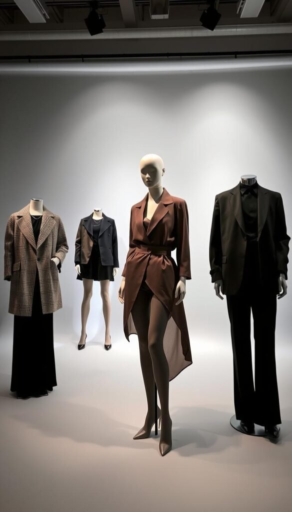 A well-lit studio setting with a mannequin showcasing stylish layered outfits. The foreground features the mannequin in a chic, monochromatic ensemble, highlighting silhouette techniques such as overlapping textures, asymmetric hemlines, and strategic volume placement. The middle ground showcases additional outfit ideas with varied proportions, colors, and patterns seamlessly combined. The background has a clean, minimalist backdrop with subtle hints of gradient lighting to create depth and emphasize the focal point. The overall mood is one of fashion-forward sophistication, inspiring the viewer to experiment with layering for a refined, stylish look. A well-lit studio setting with a mannequin showcasing stylish layered outfits. The foreground features the mannequin in a chic, monochromatic ensemble, highlighting silhouette techniques such as overlapping textures, asymmetric hemlines, and strategic volume placement. The middle ground showcases additional outfit ideas with varied proportions, colors, and patterns seamlessly combined. The background has a clean, minimalist backdrop with subtle hints of gradient lighting to create depth and emphasize the focal point. The overall mood is one of fashion-forward sophistication, inspiring the viewer to experiment with layering for a refined, stylish look.