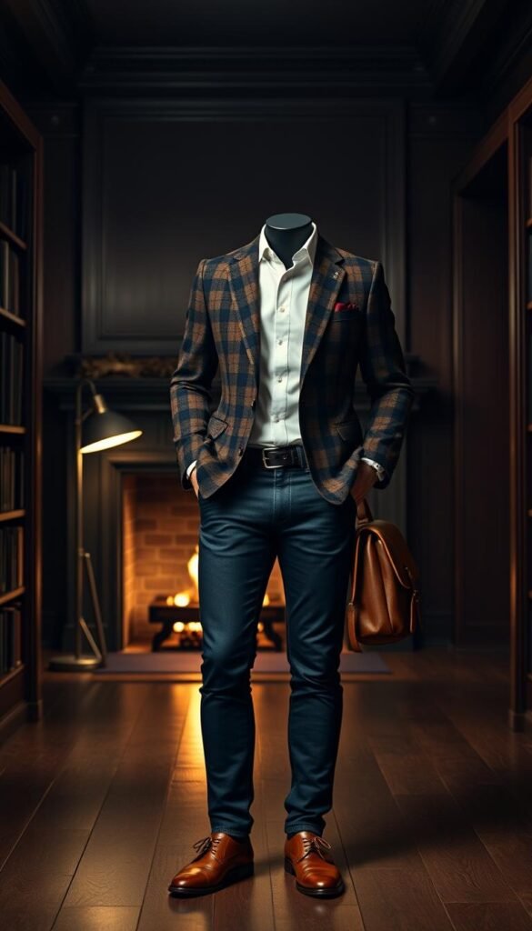 A well-tailored plaid blazer in a dark academia style, worn over a crisp white button-down shirt and paired with slim-fit dark denim jeans. The blazer has a classic houndstooth pattern in rich shades of brown, navy, and burgundy, exuding an air of refined sophistication. The outfit is complemented by leather dress shoes in a deep cognac color, and a leather messenger bag slung casually over the shoulder. The scene is set in a dimly lit, wood-paneled library, with bookshelves lining the walls and a cozy fireplace casting a warm glow. Soft, directional lighting from a desk lamp highlights the textures and details of the outfit, creating a moody, atmospheric ambiance that captures the essence of the dark academia aesthetic. A well-tailored plaid blazer in a dark academia style, worn over a crisp white button-down shirt and paired with slim-fit dark denim jeans. The blazer has a classic houndstooth pattern in rich shades of brown, navy, and burgundy, exuding an air of refined sophistication. The outfit is complemented by leather dress shoes in a deep cognac color, and a leather messenger bag slung casually over the shoulder. The scene is set in a dimly lit, wood-paneled library, with bookshelves lining the walls and a cozy fireplace casting a warm glow. Soft, directional lighting from a desk lamp highlights the textures and details of the outfit, creating a moody, atmospheric ambiance that captures the essence of the dark academia aesthetic.