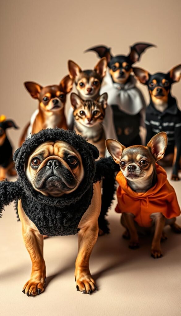 A whimsical display of animal Halloween costumes styled to perfection. In the foreground, a mischievous pug wearing a fuzzy spider costume, its large eyes peering out curiously. In the middle ground, a tabby cat donning a diminutive ghost sheet, its tail swishing playfully. In the background, a group of chihuahuas dressed as an array of spooky creatures - bats, black cats, and even a tiny Frankenstein's monster. The lighting is soft and warm, casting a cozy, autumnal glow over the scene. The composition is balanced, with the animals posed elegantly against a neutral backdrop, allowing their adorable costumes to take center stage. An enchanting, imaginative display of pet fashion, perfect for inspiring Halloween party-goers. A whimsical display of animal Halloween costumes styled to perfection. In the foreground, a mischievous pug wearing a fuzzy spider costume, its large eyes peering out curiously. In the middle ground, a tabby cat donning a diminutive ghost sheet, its tail swishing playfully. In the background, a group of chihuahuas dressed as an array of spooky creatures - bats, black cats, and even a tiny Frankenstein's monster. The lighting is soft and warm, casting a cozy, autumnal glow over the scene. The composition is balanced, with the animals posed elegantly against a neutral backdrop, allowing their adorable costumes to take center stage. An enchanting, imaginative display of pet fashion, perfect for inspiring Halloween party-goers.