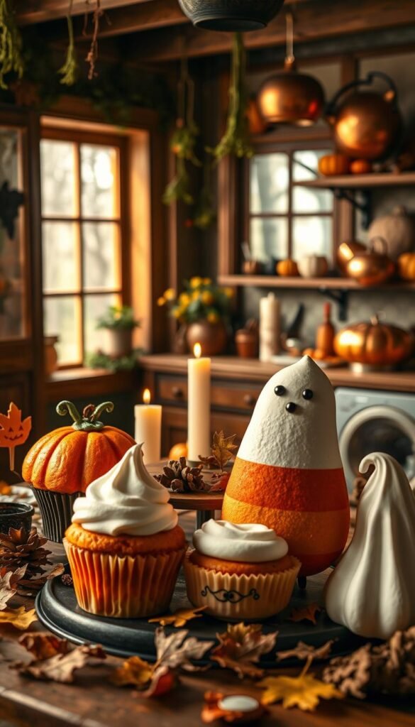 A whimsical scene of creative Halloween food costumes in a stylized, warm-toned autumnal setting. The foreground features a group of quirky, anthropomorphized food items dressed up for the holiday - a pumpkin-spiced cupcake, a candy corn-inspired tart, a spooky-cute ghost meringue, and more. The middle ground showcases a charming table setting with festive decor, dried leaves, and candlelight. The background depicts a cozy, rustic kitchen interior with hanging herbs, copper pots, and a glimpse of an open window overlooking a wooded landscape. The lighting is soft and inviting, casting a magical, Halloween-themed ambiance. The overall composition evokes a sense of playful imagination and seasonal delight. A whimsical scene of creative Halloween food costumes in a stylized, warm-toned autumnal setting. The foreground features a group of quirky, anthropomorphized food items dressed up for the holiday - a pumpkin-spiced cupcake, a candy corn-inspired tart, a spooky-cute ghost meringue, and more. The middle ground showcases a charming table setting with festive decor, dried leaves, and candlelight. The background depicts a cozy, rustic kitchen interior with hanging herbs, copper pots, and a glimpse of an open window overlooking a wooded landscape. The lighting is soft and inviting, casting a magical, Halloween-themed ambiance. The overall composition evokes a sense of playful imagination and seasonal delight.