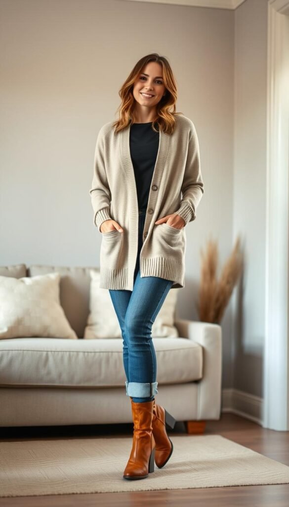 A woman standing in a cozy, well-lit living room, wearing a chic yet comfortable cardigan outfit. The cardigan is a soft, neutral tone, paired with classic blue jeans that are cuffed at the ankles. Her feet are adorned with sleek, ankle-high boots in a warm, cognac shade. The lighting is soft and diffused, creating a gentle, inviting atmosphere. The background features subtle, muted tones, allowing the focal point - the stylish but practical outfit - to take center stage. The model's pose is relaxed yet elegant, capturing the essence of a transitional fall/winter look that is both fashionable and functional. A woman standing in a cozy, well-lit living room, wearing a chic yet comfortable cardigan outfit. The cardigan is a soft, neutral tone, paired with classic blue jeans that are cuffed at the ankles. Her feet are adorned with sleek, ankle-high boots in a warm, cognac shade. The lighting is soft and diffused, creating a gentle, inviting atmosphere. The background features subtle, muted tones, allowing the focal point - the stylish but practical outfit - to take center stage. The model's pose is relaxed yet elegant, capturing the essence of a transitional fall/winter look that is both fashionable and functional.