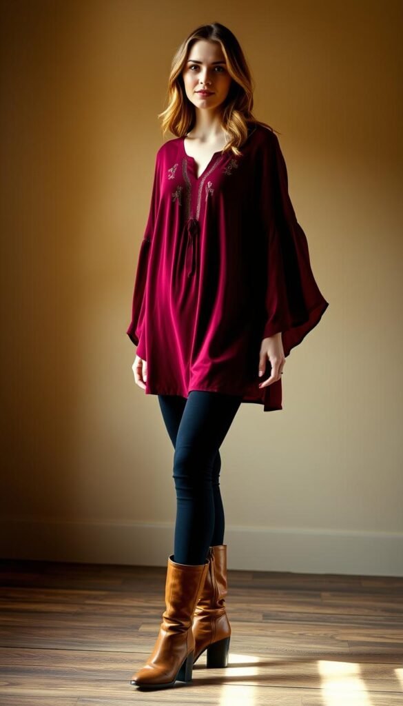 A woman wearing a flowing burgundy tunic with delicate embroidered accents, paired with slim-fitting black leggings. Her feet are adorned with tall, chestnut-colored leather boots that reach up to her calves. The lighting is warm and soft, creating a cozy and inviting atmosphere. The scene is set against a backdrop of muted, earthy tones, perhaps a rustic wooden floor or a neutral-colored wall, allowing the outfit to be the focal point. The model's posture is relaxed yet elegant, conveying a sense of effortless style. The overall vibe is one of comfortable sophistication, perfect for a Thanksgiving gathering or any autumn occasion. A woman wearing a flowing burgundy tunic with delicate embroidered accents, paired with slim-fitting black leggings. Her feet are adorned with tall, chestnut-colored leather boots that reach up to her calves. The lighting is warm and soft, creating a cozy and inviting atmosphere. The scene is set against a backdrop of muted, earthy tones, perhaps a rustic wooden floor or a neutral-colored wall, allowing the outfit to be the focal point. The model's posture is relaxed yet elegant, conveying a sense of effortless style. The overall vibe is one of comfortable sophistication, perfect for a Thanksgiving gathering or any autumn occasion.