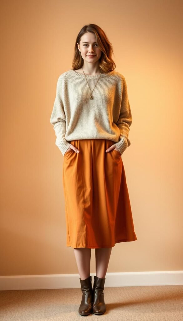 A young woman wearing a midi-length skirt in a warm autumnal hue, paired with a cozy knit top in a neutral shade. The skirt has a subtle A-line silhouette and falls gracefully to the mid-calf, while the top features a relaxed, slightly oversized fit. The outfit is accessorized with a delicate pendant necklace and simple leather ankle boots. Warm, diffused lighting casts a soft, inviting glow, creating a comfortable, autumnal ambiance. The background is softly blurred, allowing the outfit to be the focal point. The overall aesthetic is one of effortless style and Thanksgiving-ready comfort. A young woman wearing a midi-length skirt in a warm autumnal hue, paired with a cozy knit top in a neutral shade. The skirt has a subtle A-line silhouette and falls gracefully to the mid-calf, while the top features a relaxed, slightly oversized fit. The outfit is accessorized with a delicate pendant necklace and simple leather ankle boots. Warm, diffused lighting casts a soft, inviting glow, creating a comfortable, autumnal ambiance. The background is softly blurred, allowing the outfit to be the focal point. The overall aesthetic is one of effortless style and Thanksgiving-ready comfort.