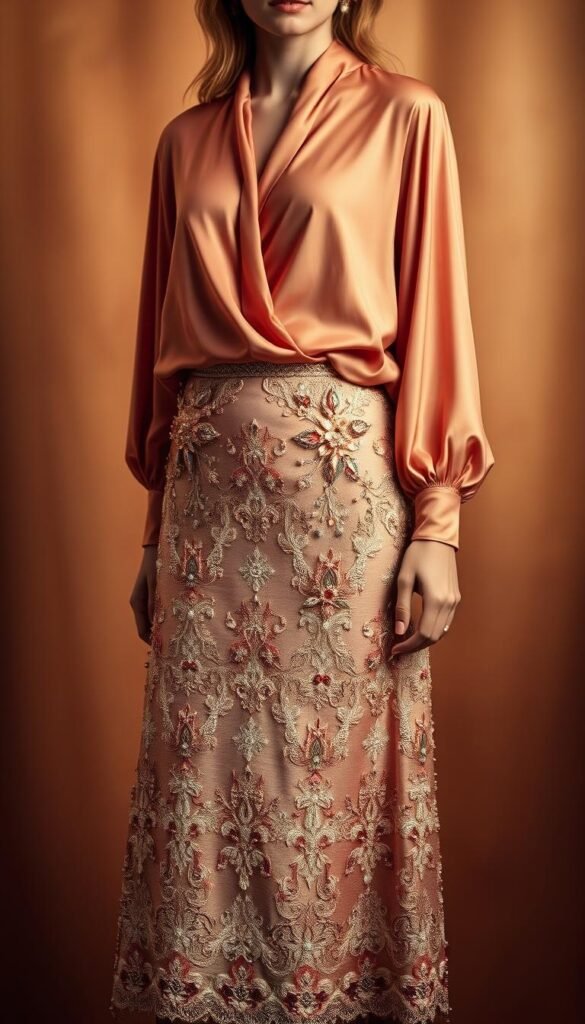 An elegant holiday ensemble: a shimmering midi skirt with intricate embellishments, paired with a luxurious silk blouse in a complementary hue. The skirt features delicate beading, sequins, and embroidered patterns that catch the light, creating a glamorous yet sophisticated look. The blouse has a fluid, draped silhouette and a subtle sheen, seamlessly blending with the skirt. The outfit is photographed against a softly blurred, warm-toned background, with gentle lighting that illuminates the textures and details. The overall mood is one of refined festivity, perfect for a holiday party or special occasion. An elegant holiday ensemble: a shimmering midi skirt with intricate embellishments, paired with a luxurious silk blouse in a complementary hue. The skirt features delicate beading, sequins, and embroidered patterns that catch the light, creating a glamorous yet sophisticated look. The blouse has a fluid, draped silhouette and a subtle sheen, seamlessly blending with the skirt. The outfit is photographed against a softly blurred, warm-toned background, with gentle lighting that illuminates the textures and details. The overall mood is one of refined festivity, perfect for a holiday party or special occasion.