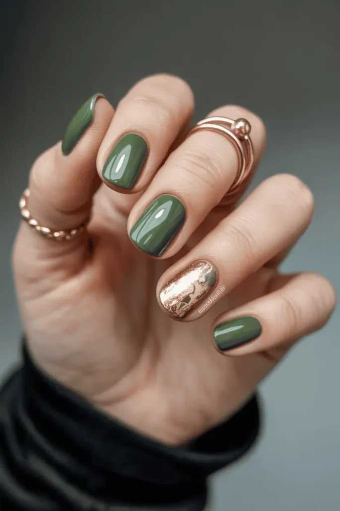 Olive green nails with gold foil accents.
