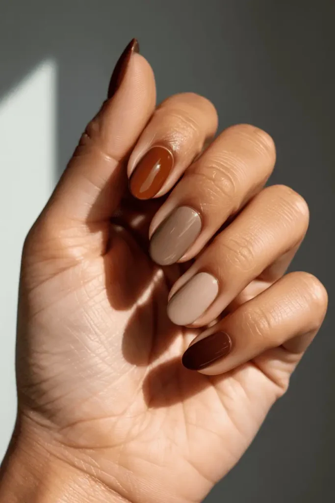 Mix of brown nail shades in tonal gradient.