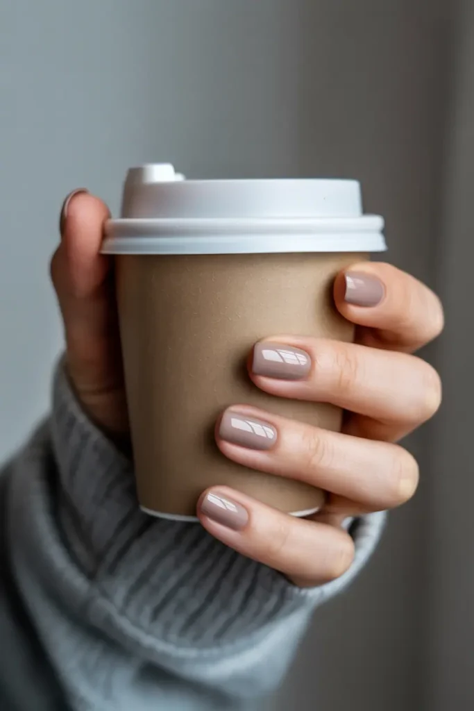 Nude taupe short nails holding a coffee cup.