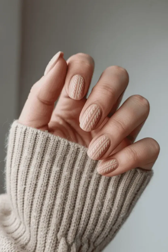 Rusty red matte nails with autumn leaves in background.