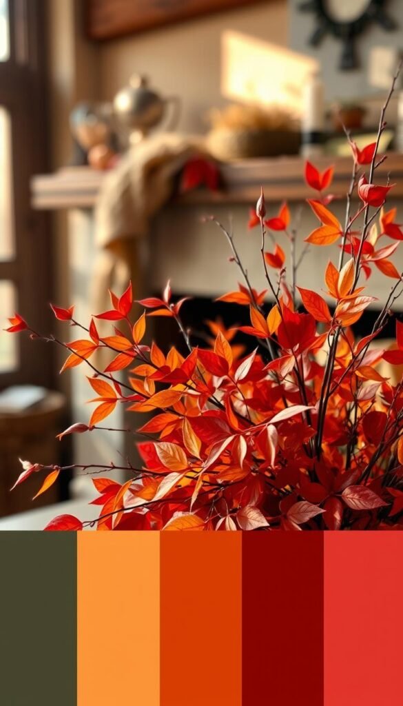 Autumn color palettes styling guide: A cozy, rustic scene with a centerpiece arrangement of vibrant fall foliage in shades of red, orange, and gold. Leaves and branches in the foreground, blurred into a soft, atmospheric background. Warm, natural lighting illuminates the arrangement, casting gentle shadows. The overall mood is one of seasonal transition, with a touch of elegant simplicity. A carefully curated display of autumnal hues, textures, and tones to inspire stylish fall fashion. Autumn color palettes styling guide: A cozy, rustic scene with a centerpiece arrangement of vibrant fall foliage in shades of red, orange, and gold. Leaves and branches in the foreground, blurred into a soft, atmospheric background. Warm, natural lighting illuminates the arrangement, casting gentle shadows. The overall mood is one of seasonal transition, with a touch of elegant simplicity. A carefully curated display of autumnal hues, textures, and tones to inspire stylish fall fashion.