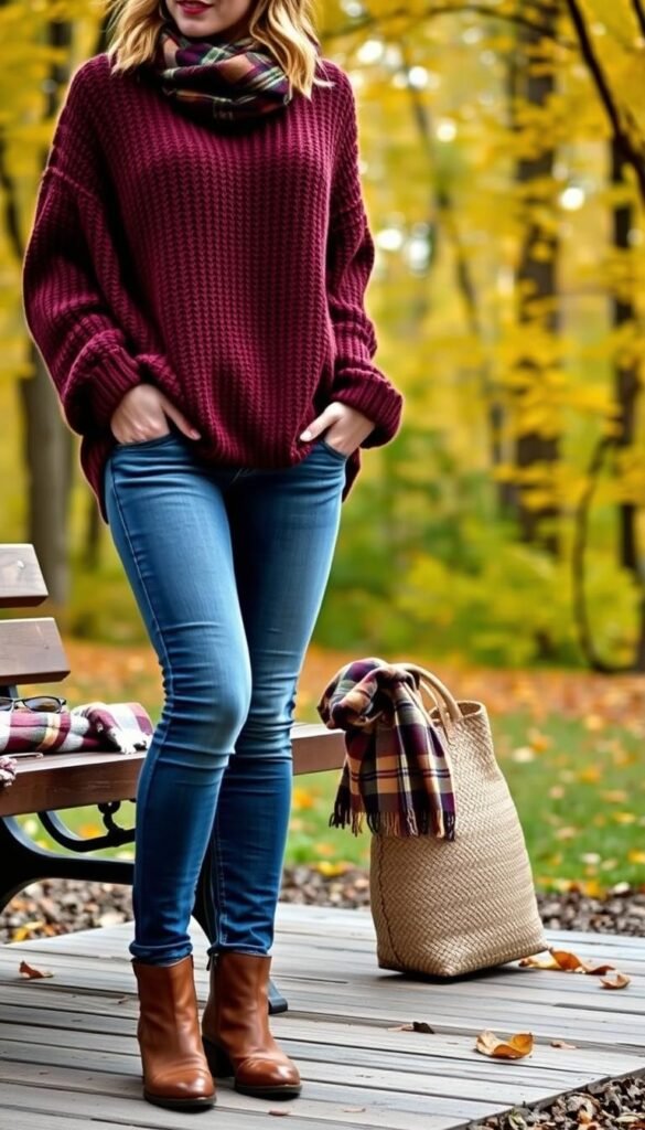 Casual fall style weekend outfits - a cozy, chic outdoor scene. In the foreground, a warm, knit oversized sweater paired with medium wash denim, and leather ankle boots. On a wooden bench, a plaid scarf, sunglasses, and a woven tote bag. In the middle ground, a lush forest backdrop with golden autumn leaves falling gently. Soft, diffused natural lighting illuminates the scene, creating a relaxed, inviting atmosphere. The overall mood is one of effortless style and comfortable weekend relaxation. Casual fall style weekend outfits - a cozy, chic outdoor scene. In the foreground, a warm, knit oversized sweater paired with medium wash denim, and leather ankle boots. On a wooden bench, a plaid scarf, sunglasses, and a woven tote bag. In the middle ground, a lush forest backdrop with golden autumn leaves falling gently. Soft, diffused natural lighting illuminates the scene, creating a relaxed, inviting atmosphere. The overall mood is one of effortless style and comfortable weekend relaxation.