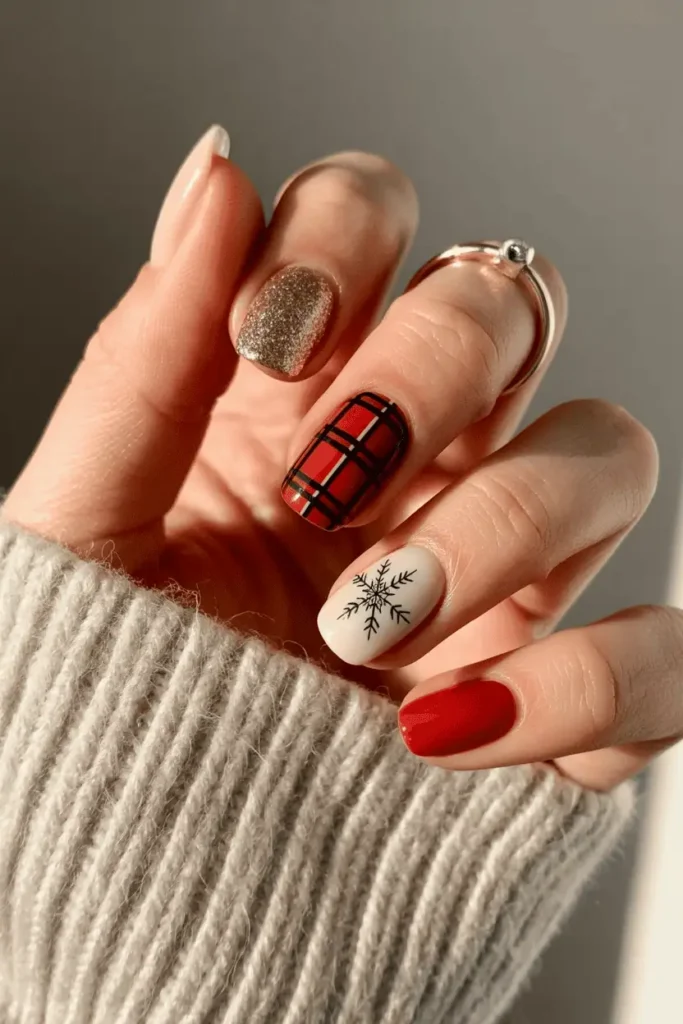 Different festive nail designs (red, gold, plaid, snowflake) shown together holding a wrapped gift. Warm cozy aesthetic.