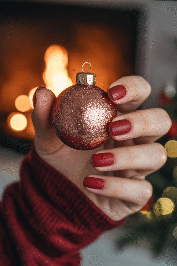Matte red nails with velvety texture holding a sparkly gold ornament. Cozy firelight glow in the background.