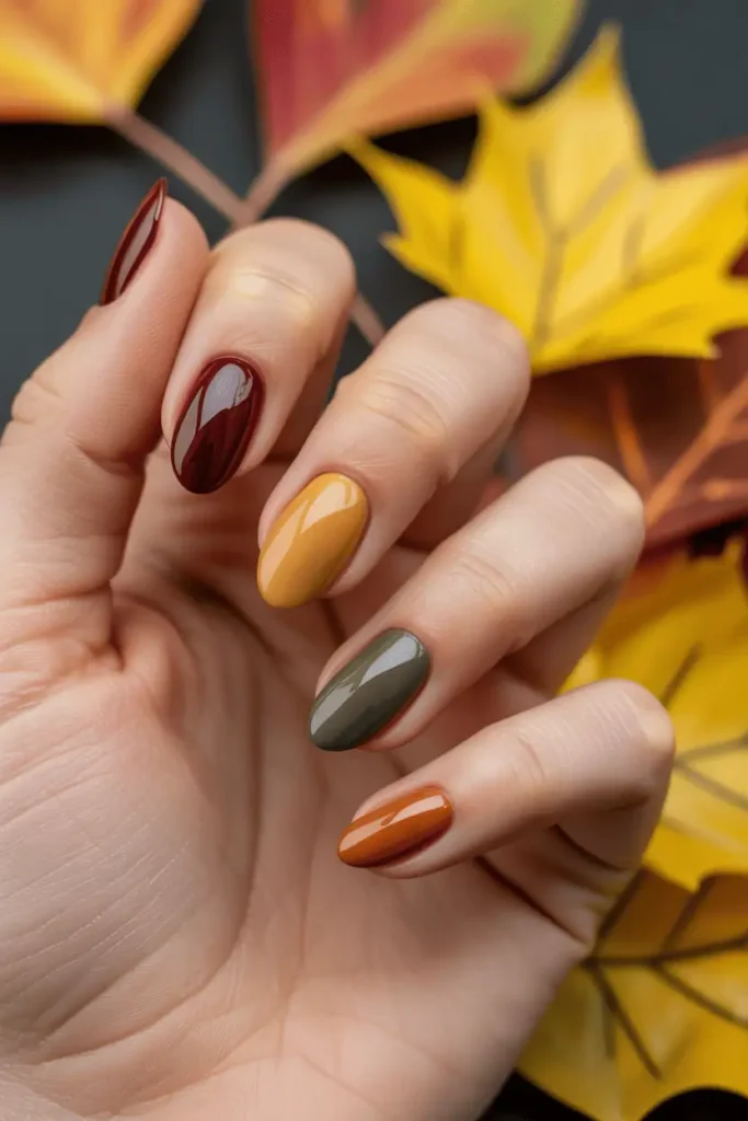Nails painted in autumn colors (burgundy, mustard, taupe, olive, burnt orange), styled with scattered fall leaves.