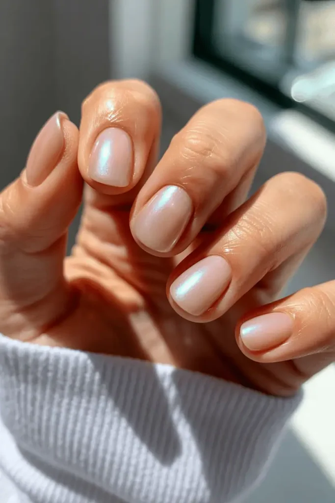 Short nude nails with pearly glazed finish reflecting light. Clean, glossy aesthetic, cozy indoor lighting.