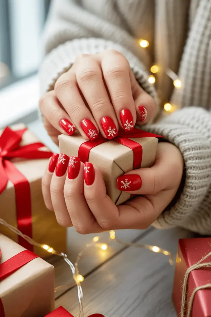 Classic red French tips with tiny white snowflakes, holding a small wrapped gift.