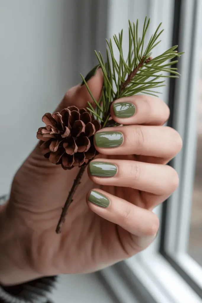 Olive green short nails holding pinecone or evergreen sprig. Cozy neutral tones and soft winter light.