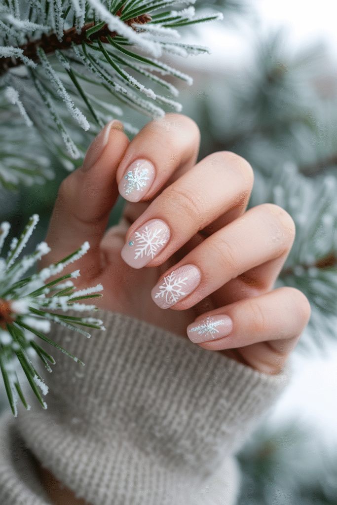 Pale nude nails with white snowflake details and fine glitter. Hand near frosted pine branches, daylight with soft snow bokeh.