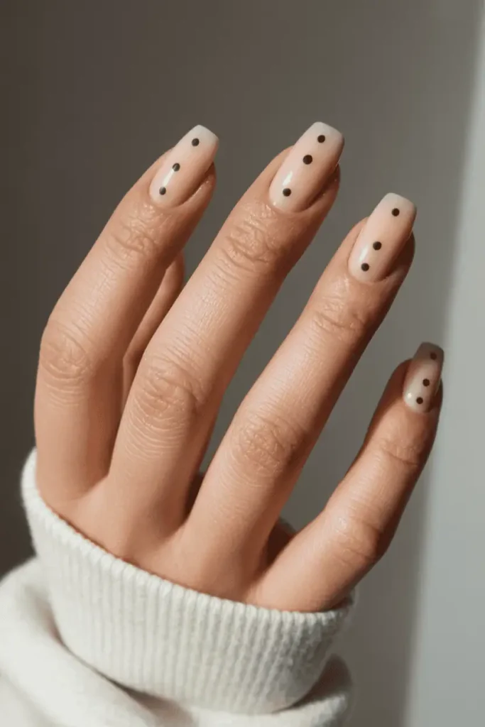 Short nude nails with single centered black dots. Matte topcoat, modern neutral background.