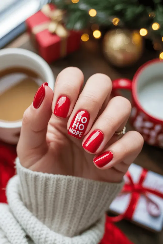 Bold red nails with one accent nail reading “Ho Ho Nope” in white playful text.