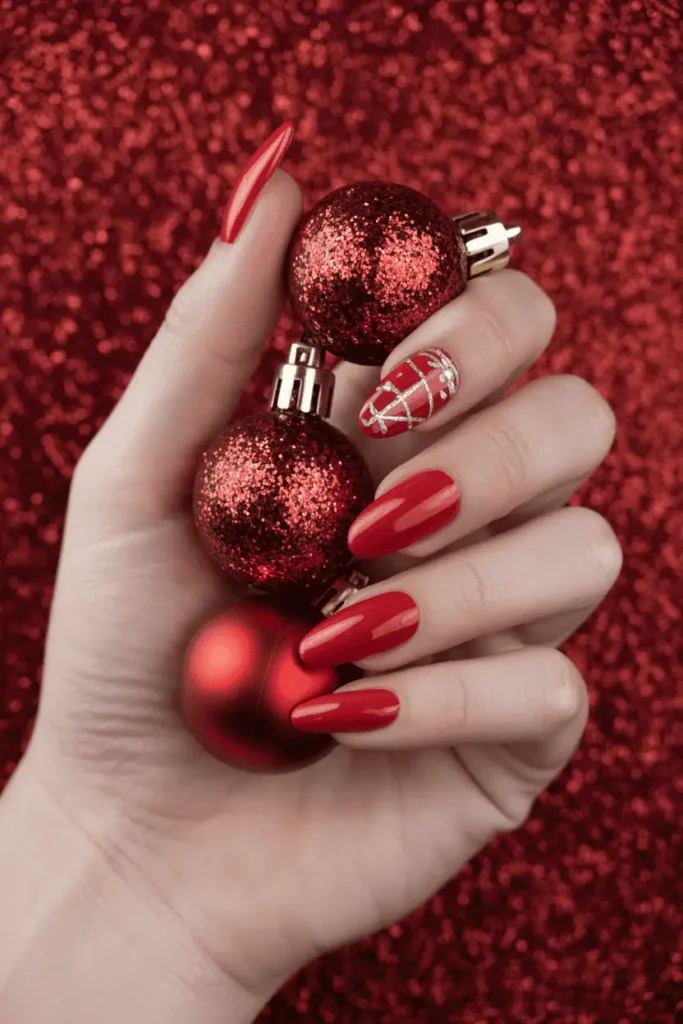 Bright red glitter nails holding Christmas ornaments. Bold, joyful composition with twinkle light reflections.