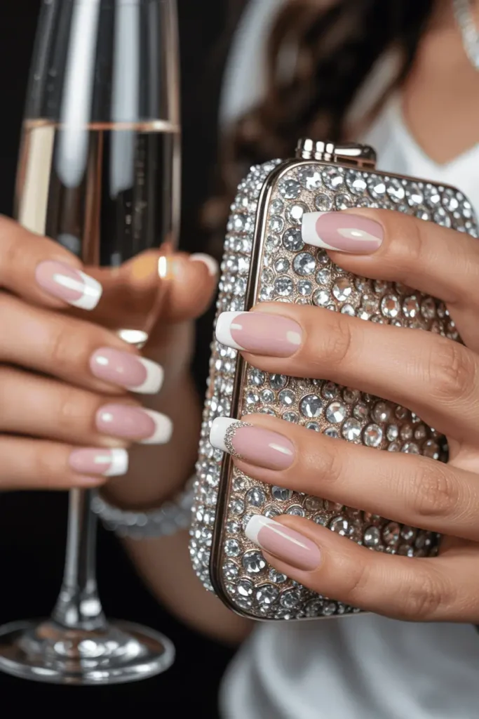 French nails with rhinestone accents under tips. Holding a sparkly clutch or champagne flute, elegant night-out lighting.