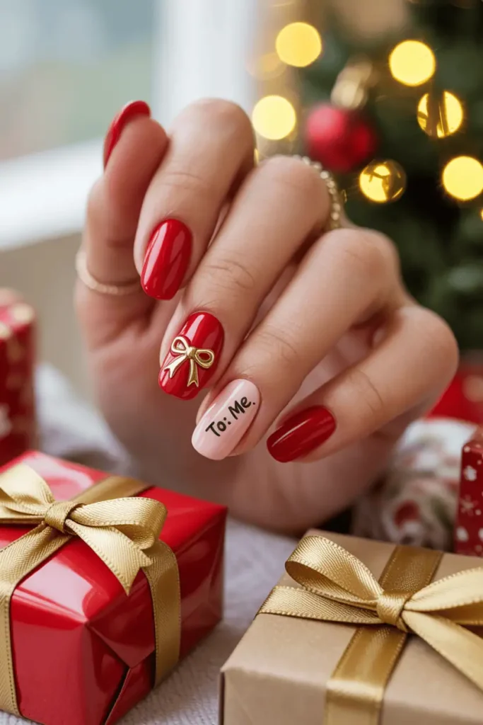 Red nails with gold ribbon and bow nail art, one accent nail with “To: Me” tag.