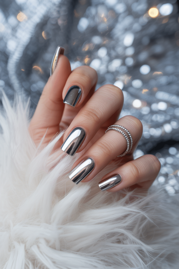 Shiny silver chrome nails resting on white faux fur. Reflective lighting with a snowy, glamorous winter vibe.