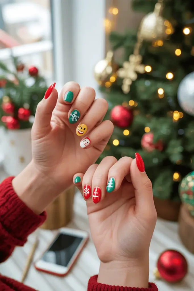 Bright nails with small painted holiday emojis (Santa, snowflake, tree, laughing face).