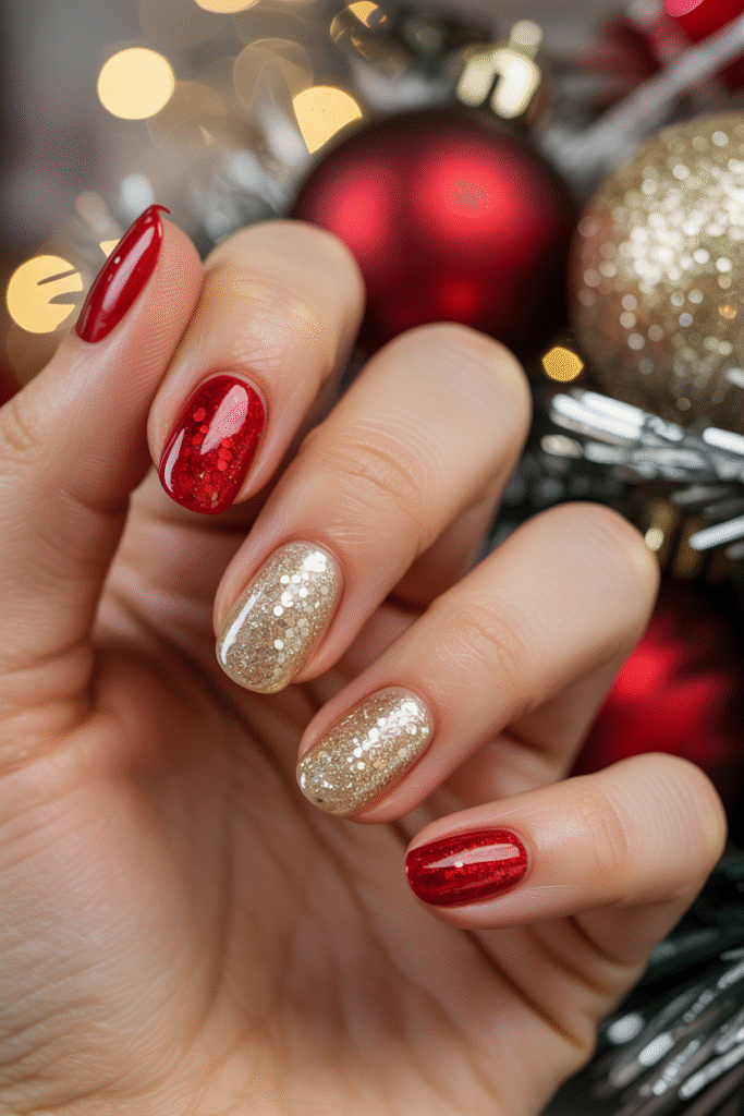 Close-up of nails alternating red and gold glitter polish. Holiday ornaments and tinsel blurred behind, warm festive lighting.