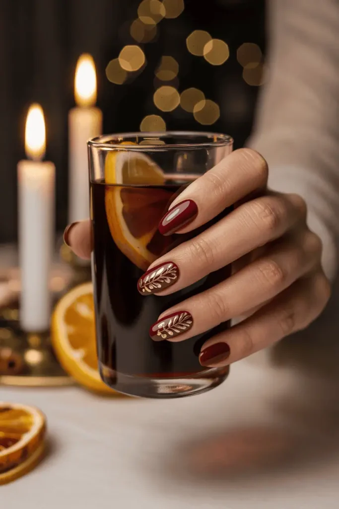 Burgundy and Gold Nails
