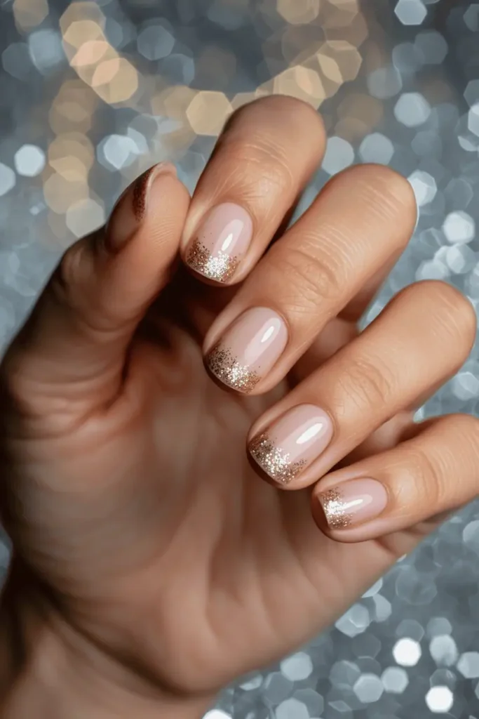 Short nails with nude base and gold glitter gradient on tips. Bokeh background with soft light sparkle.